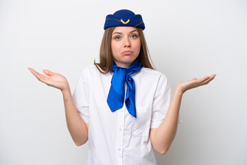 Airplane Lithuanian woman stewardess isolated on white background having doubts while raising hands