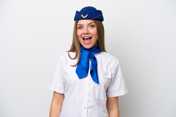 Airplane Lithuanian woman stewardess isolated on white background with surprise facial expression