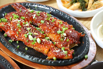 Korea food. spicy sauce Grilled Dried Pollack