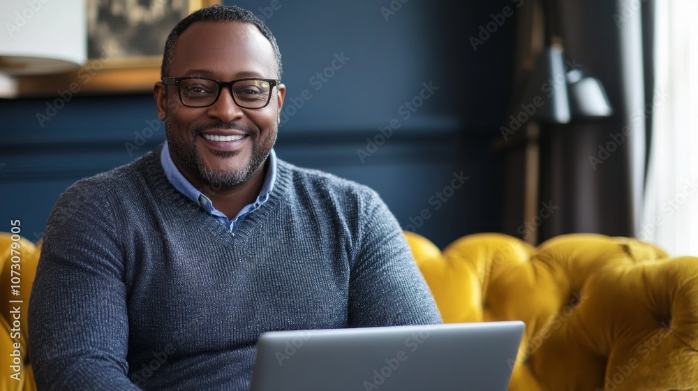 Poster a man is sitting on a couch with a laptop in front of him