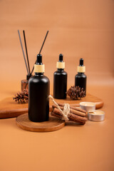 Matte Black Dropper Bottles with Pinecones and Candle on Wooden Tray for Spa and Aromatherapy Display