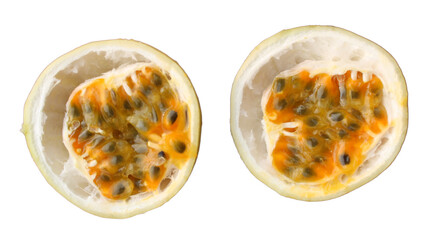 Fresh Yellow Passion Fruit Halves Showing Seeds and Pulp on Brown Background, Close-up, top view, png