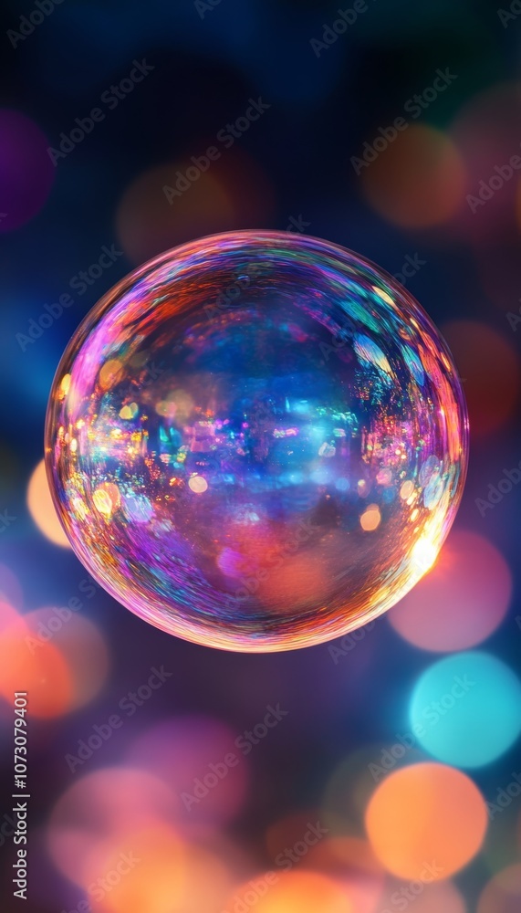 Poster iridescent soap bubble captured in abstract macro photography with multicolored dreamlike background
