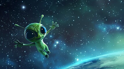 A friendly cartoon alien floats in space, waving at Earth.