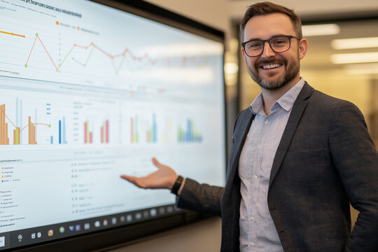 Professional Presenter with Business Analytics Display