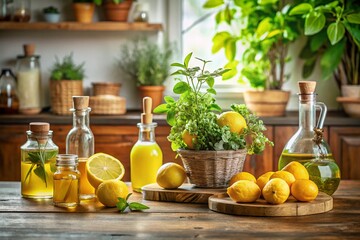 Fresh Lemons on a Rustic Wooden Table with Potted Plant and Essential Oils for a Vibrant Urban Kitchen Aesthetic