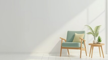 Cozy and Modern Living Room Corner with Minimalist Green Chair, Soft Pillow, Small Table, and Decorative Plants Bathed in Natural Sunlight