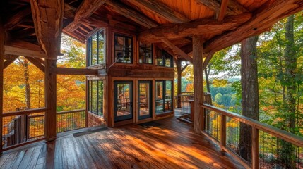 A wooden cabin with a large deck overlooking a forest with autumn leaves.