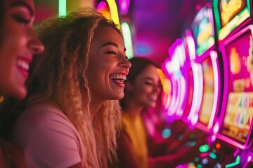 Joyful women enjoying a night out at vibrant casino slot machines with laughter and excitement