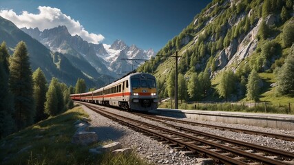 Obraz premium A passenger train travels through a scenic valley in the Alps on a sunny day
