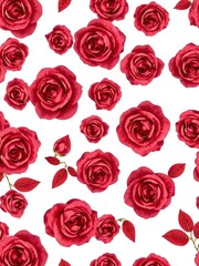 Seamless rose red color on a white background, perfect for fabric design or wallpaper, White, Floral, Rose