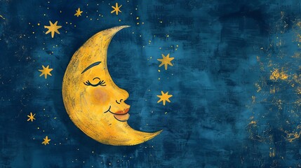 Fototapeta premium A crescent moon with a face and closed eyes is painted on a blue background with stars.