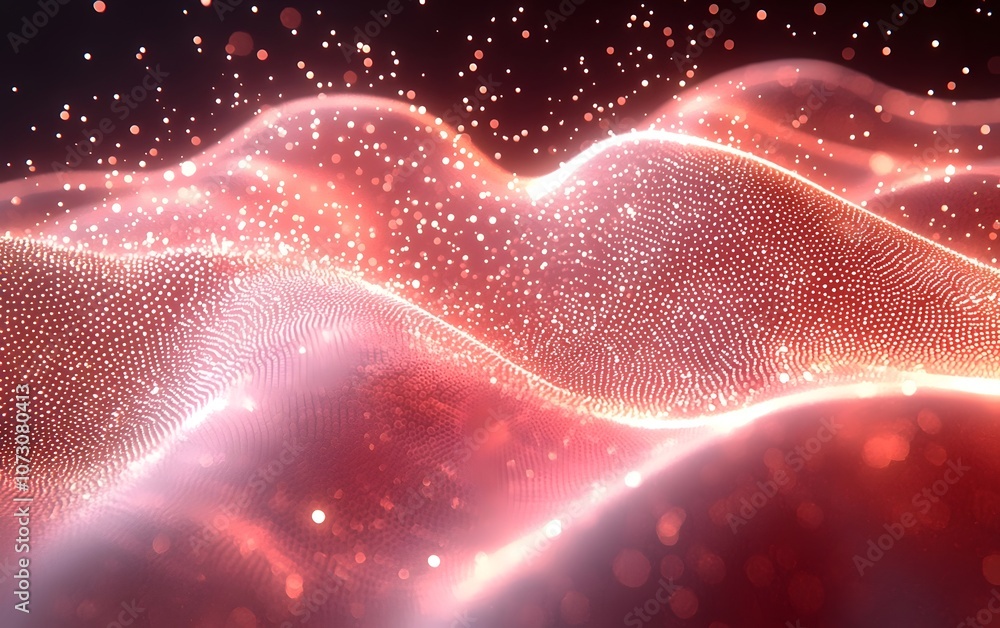 Aufkleber abstract wave-like patterns in vibrant shades of red and pink, illuminated by glowing particles, cre
