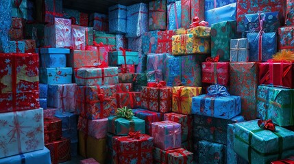 Fototapeta premium Bright Stack of Colorful Wrapped Gift Boxes with Various Patterns