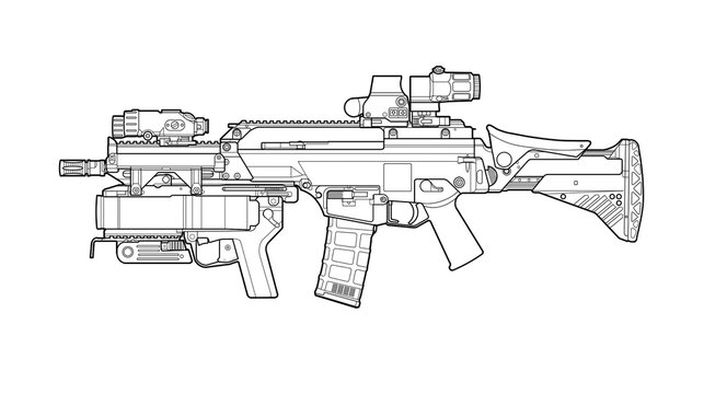 line art upgraded G36 assault rifle with M320 grenade launcher, collimator sight, magnifier and laser aiming device isolated on white background