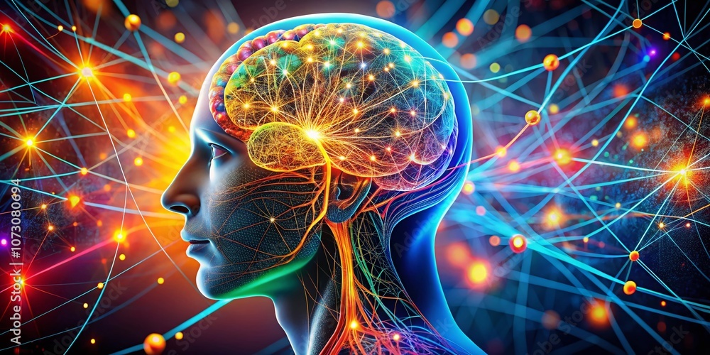 Poster futuristic anatomical illustration of human head with neural pathways showcasing advanced neurotechn