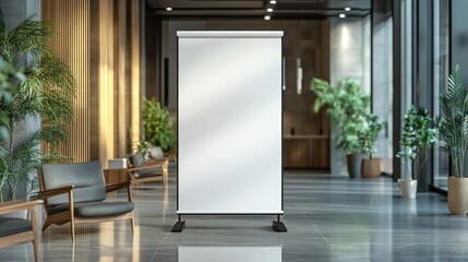 Blank Roll-Up Banner in Modern Office Lobby with Green Plants and Stylish Furniture