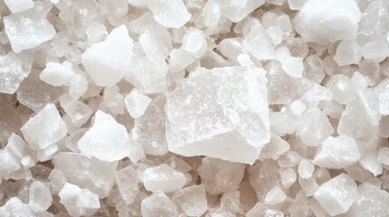 Close-up of white, coarse sea salt crystals.