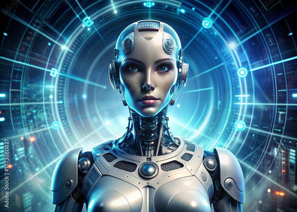 Poster futuristic female cyber robot with advanced artificial intelligence in a high-tech environment, show