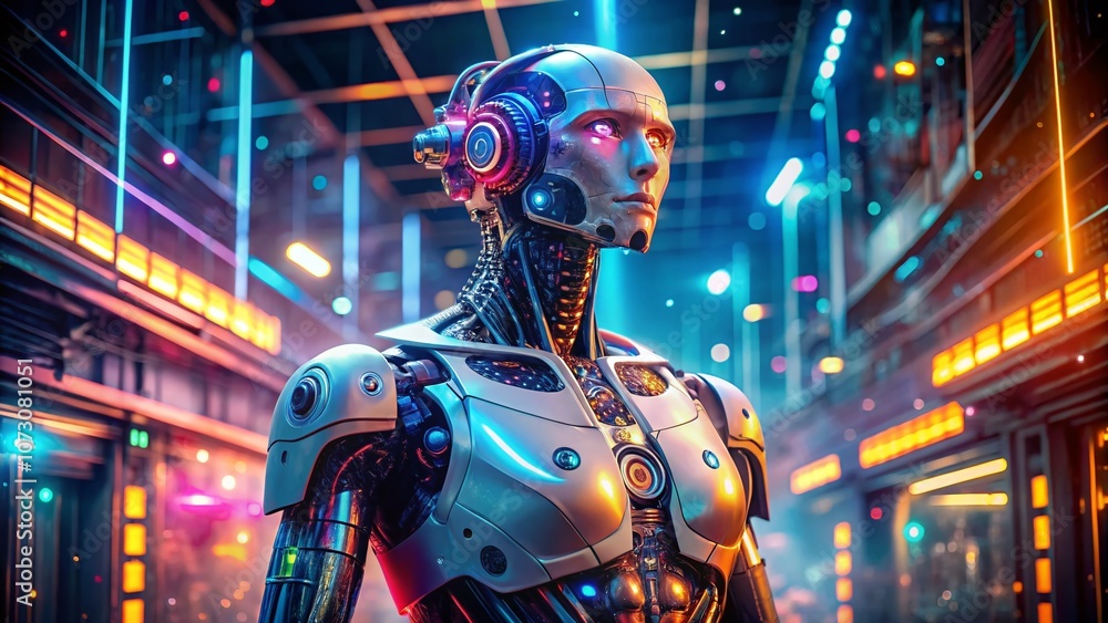 Poster futuristic robot showcasing ai advancements in machine learning for enhanced human life and bionic s