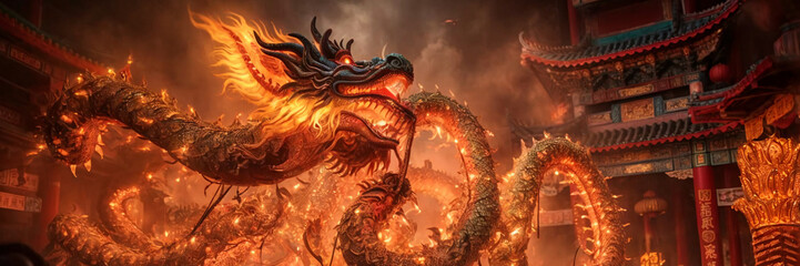 Fototapeta premium dragon dances and fireworks. illustration of A night scene of a traditional Chinese dragon dance