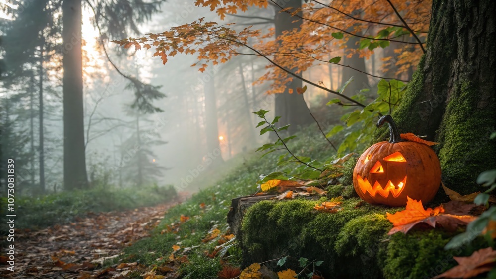 Poster glowing pumpkin surrounded by autumn leaves in a mystical forest setting for a captivating halloween