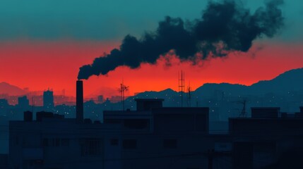 Fototapeta premium Dark smoke billows from a chimney against a vibrant, red-hued sunset sky over a cityscape.