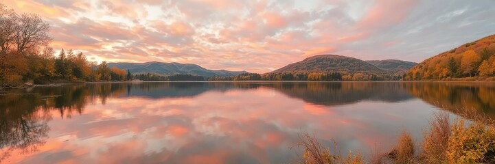 Fototapeta premium Vibrant orange and pink hues reflecting on the calm waters of Hintersee lake at sunset during autumn, vibrant colors, reflection