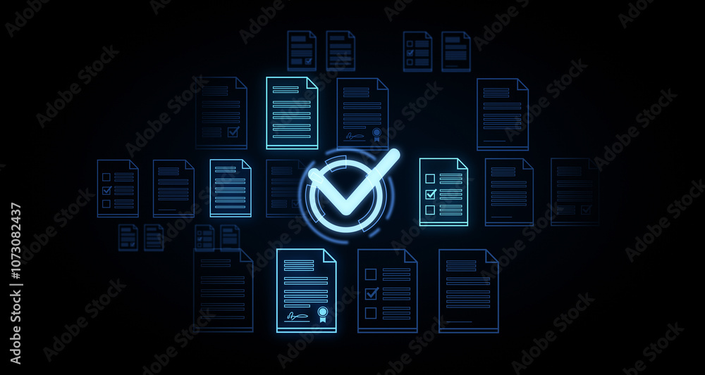 Poster neon check mark icon surrounded by documents on a dark background. concept of approval and verificat