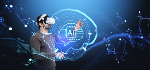 Businessman in vr glasses and AI brain glowing hud hologram