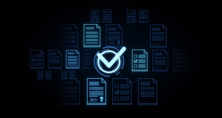 Neon check mark icon surrounded by documents on a dark background. Concept of approval and...