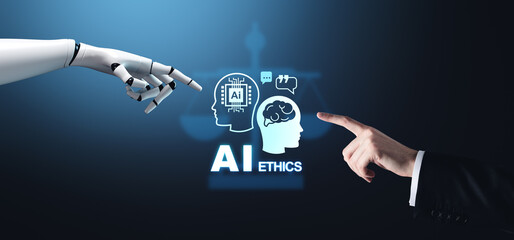 Human and Robot Hand Touching in AI Ethics Concept.