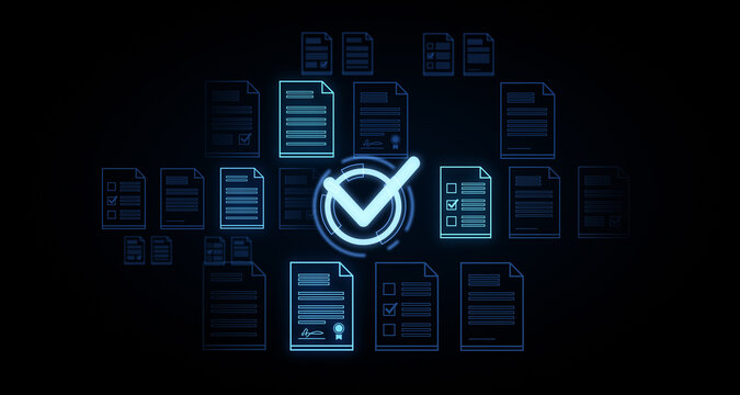 Neon check mark icon surrounded by documents on a dark background. Concept of approval and verification. 3D Rendering