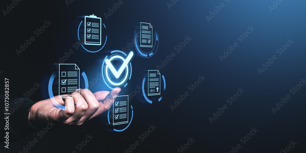 Poster digital checklist icons and hand interaction on dark backdrop.