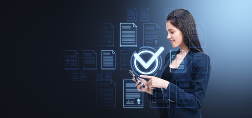 Woman using smartphone with virtual documents and checkmarks.