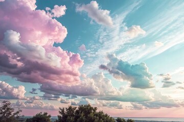 Whimsical pastel-colored clouds in a sky, surreal landscapes, fantastical elements, sky scenery, cloudy skies