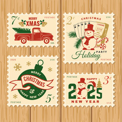 Merry Christmas and Happy New Year 2025 retro postage stamp with Santa Claus, Christmas tree, gifts, pickup. Vector illustration. Vintage design for xmas, new year emblem.
