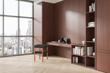 Modern Home Office Interior with City View. 3D Rendering