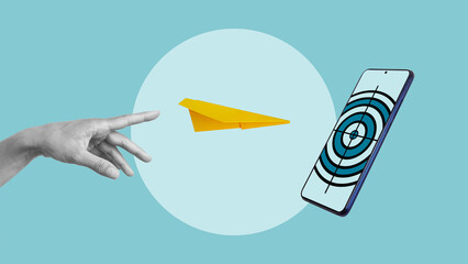 Mobile marketing and targeting is shown by smartphone with dartboard in the screen. Target audience...