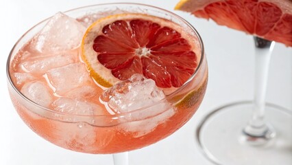 Fototapeta premium Hand Drawn Watercolor Cocktail with Grapefruit Slice and Ice Cubes in Elegant Glass on White Background - Refreshing Summer Drink Art