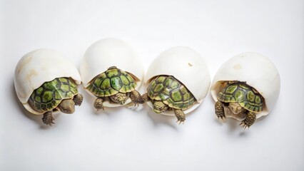 Four baby turtles emerging from their eggshells, signifying a new beginning and the fragility of life