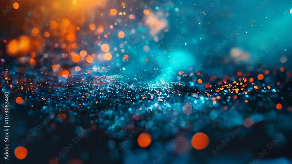 Poster a stunning display of glowing orange and blue light particles in a bokeh effect, creating a dynamic 