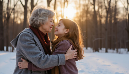 Fototapeta premium Grandmother and granddaughter sharing a joyful moment in a snowy forest at sunset