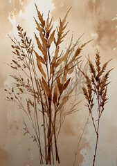 Natural botanical art featuring delicate silhouettes of plants against a textured beige background
