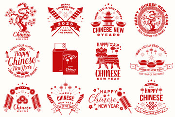 Happy Chinese 2025 New Year design in retro style. Chinese New Year of snake felicitation classic postcard. Chinese sign year of snake greeting card. Banner for website template. Vector illustration.