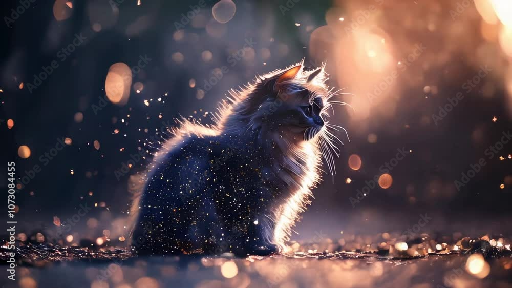 Aufkleber a fluffy cat illuminated by golden light sits in a dreamy background filled with glowing bokeh, crea