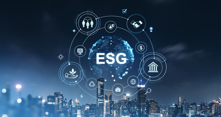 Digital ESG icons over a cityscape at night, signifying environment, social, and governance concepts in a business context