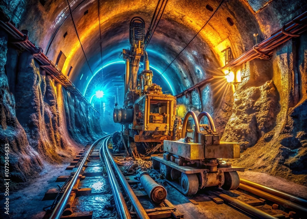 Poster high-tech drilling system operating in a deep tunnel: low light photography showcasing advanced mach
