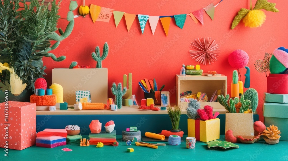 Poster colorful and playful still life with various objects arranged on a table against a bright red backgr