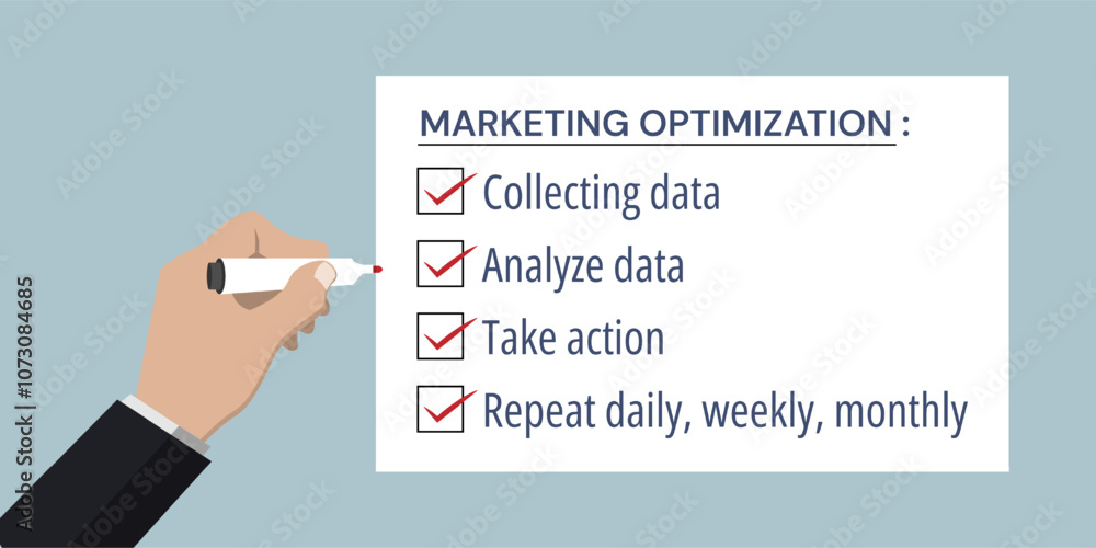 Poster marketing optimization process with the texts and hand make marking on checklist box